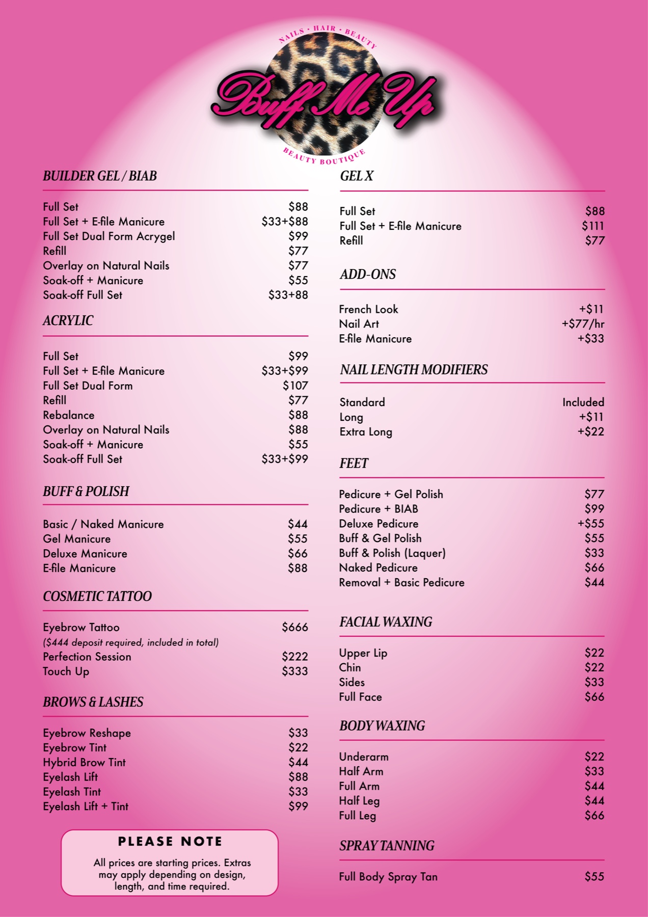 Buff Me Up price list: builder gel and BIAB, acrylic, Gel X, buff and polish, add-ons, nail length, feet, cosmetic tattoo, brows and lashes, facial and body waxing, spray tanning